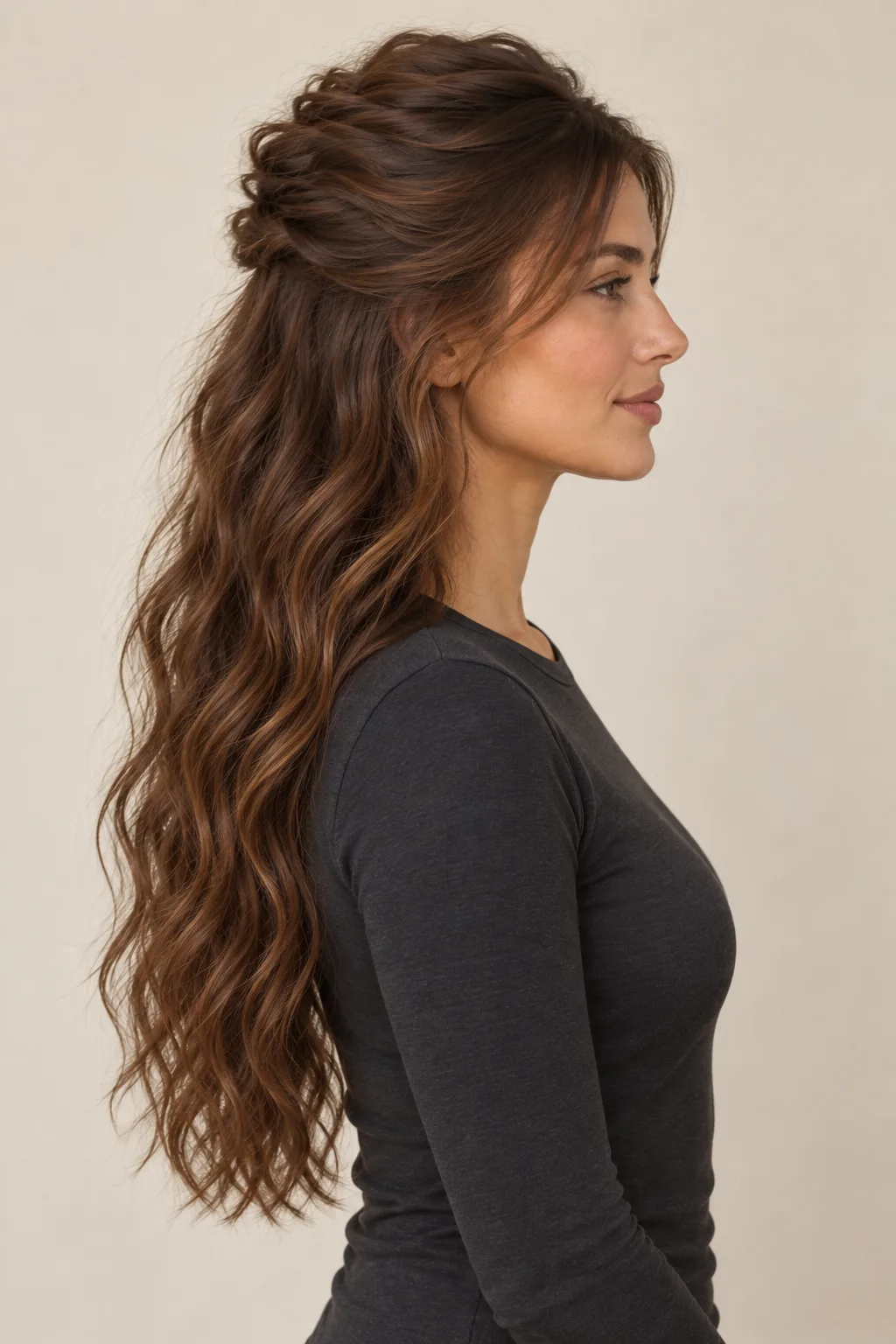 Side view showing a loose half-up twist above flowing waves.