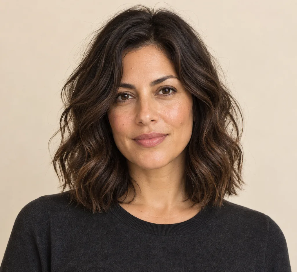 Front view of a shoulder-skimming lob with soft natural waves.