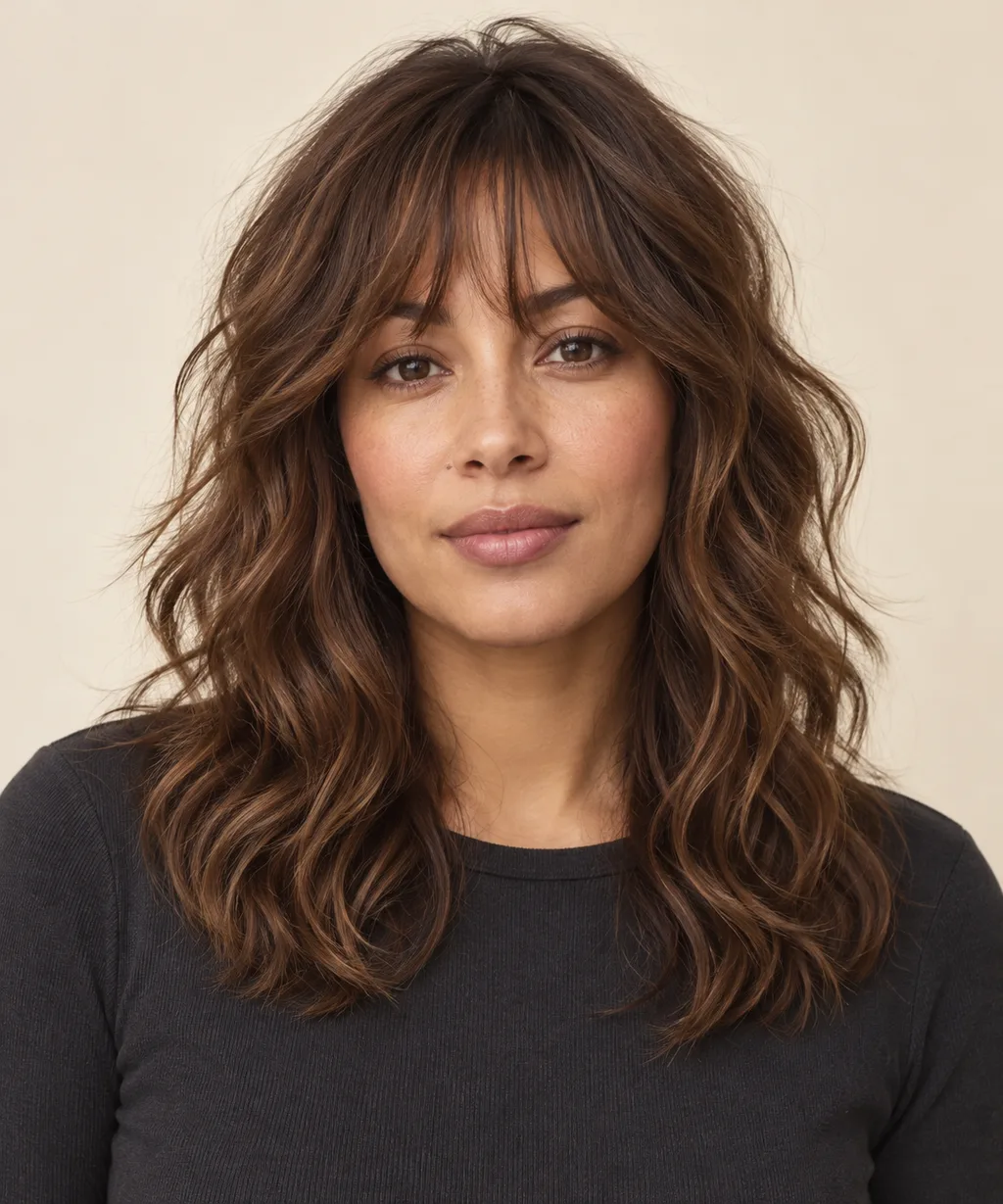 Front view of a medium wavy shag with a relaxed fringe.