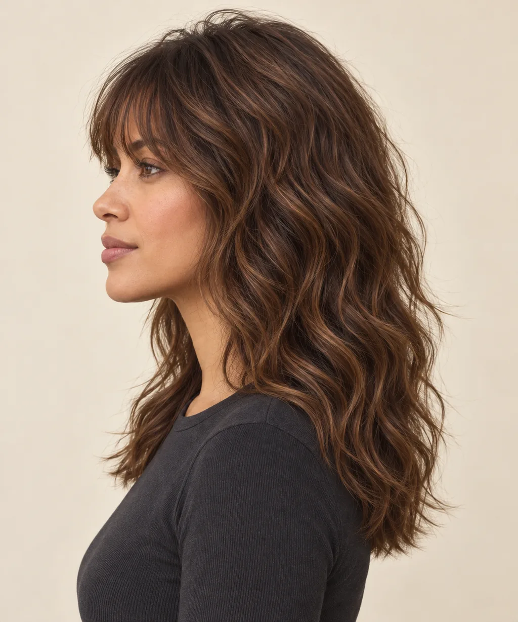 Side view showing airy crown layers in a soft wavy shag.